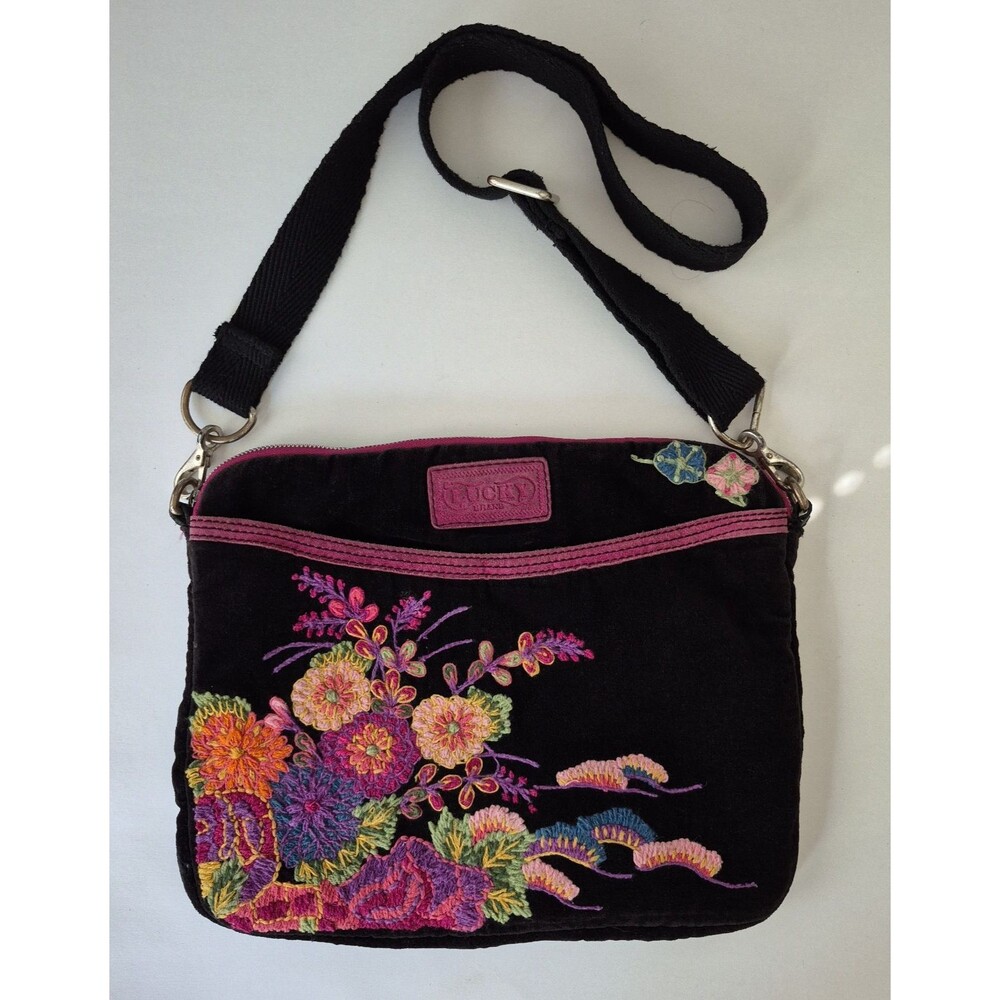 Lucky Brand Y2K Boho Whimsigoth Black Vevet Floral Embroidered Crossbody Purse